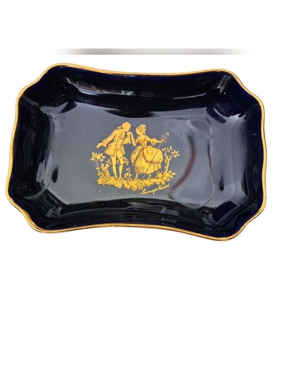 VTG Limoges Castel FRANCE porcelain trinket dish Cobalt Blue Gold Trim Small